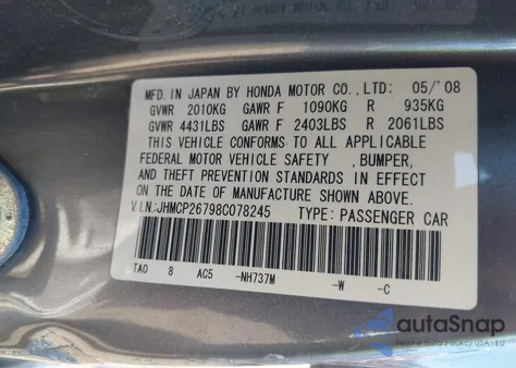 2008 Honda Accord 2.4 Ex from USA, damaged, VIN JHMCP26798C078245